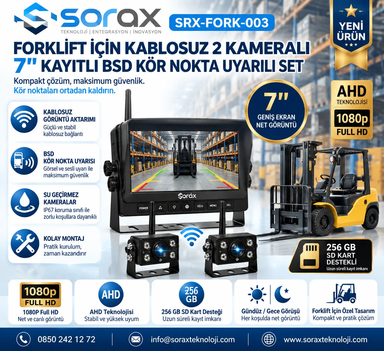 Forklift İçin Kablosuz 2 Kameralı 7 İnç BSD Kör Nokta Uyarılı Set | Sorax