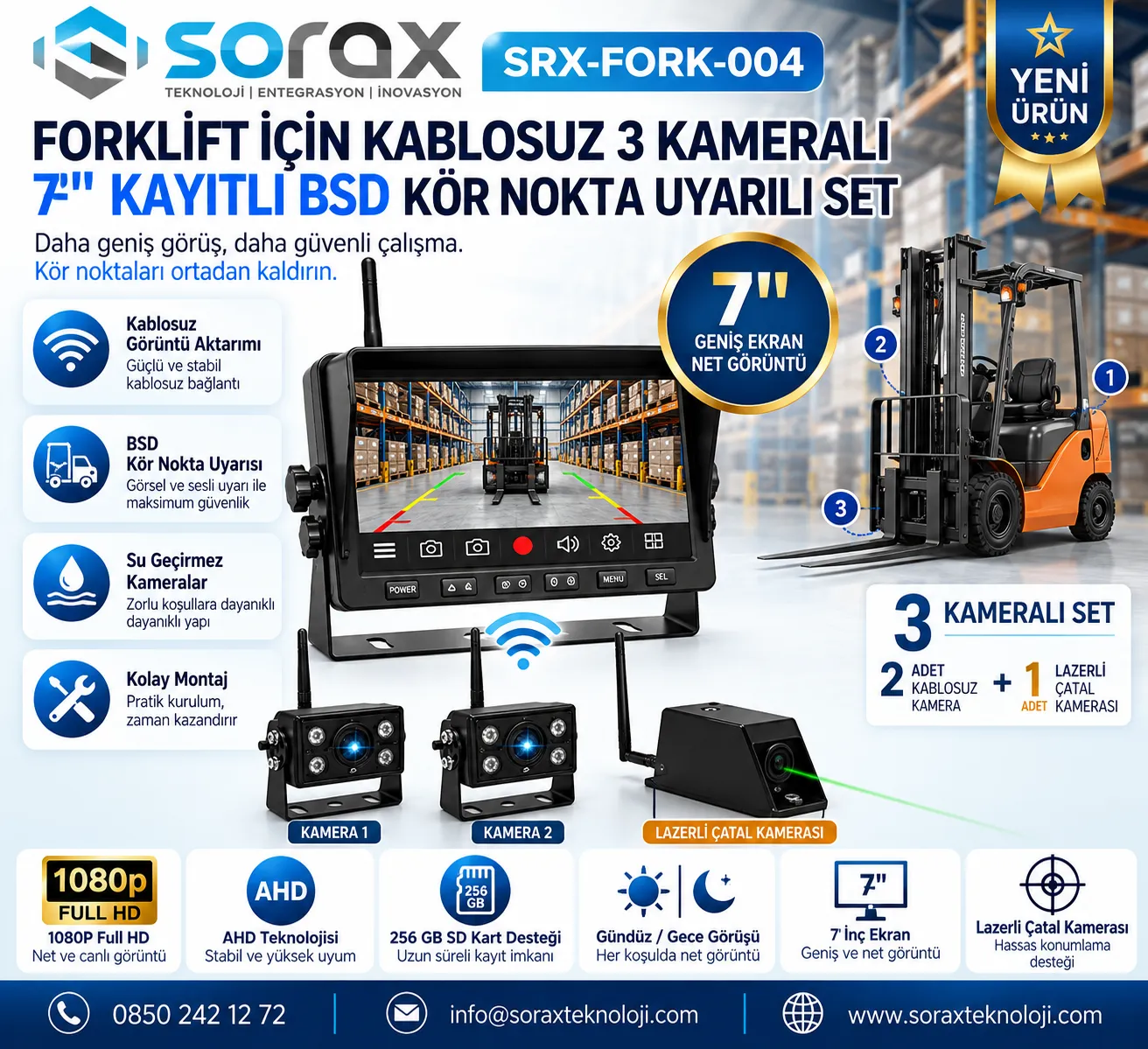 Forklift İçin Kablosuz 3 Kameralı 7 İnç BSD Kör Nokta Uyarı Seti | Sorax