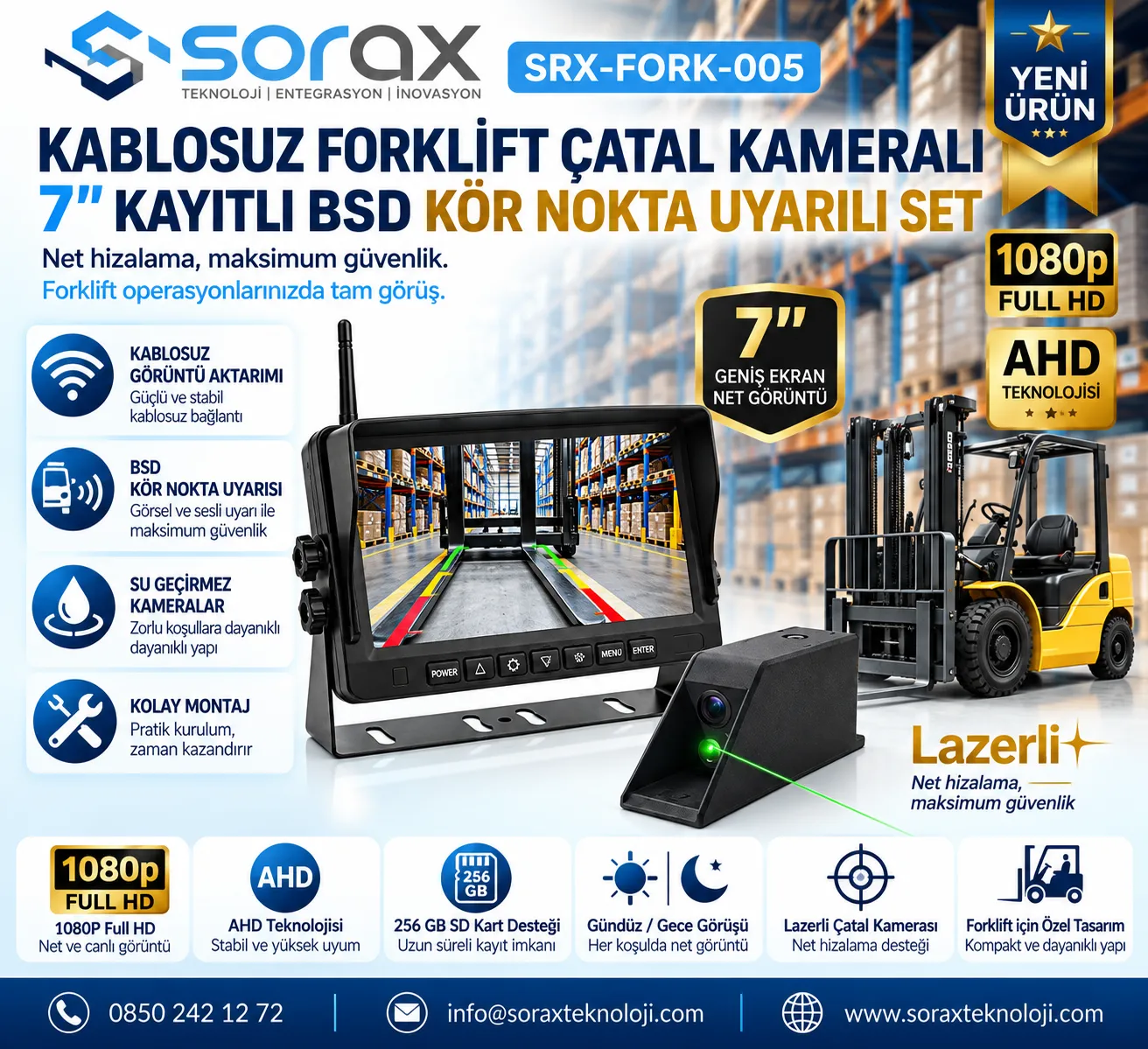 Forklift İçin Kablosuz 7 İnç Kayıtlı BSD Kamera Seti | Sorax