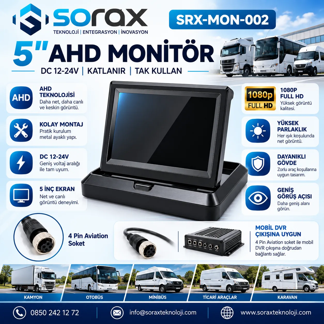 5 İnç AHD Katlanabilir Araç Monitörü 1080P | Sorax