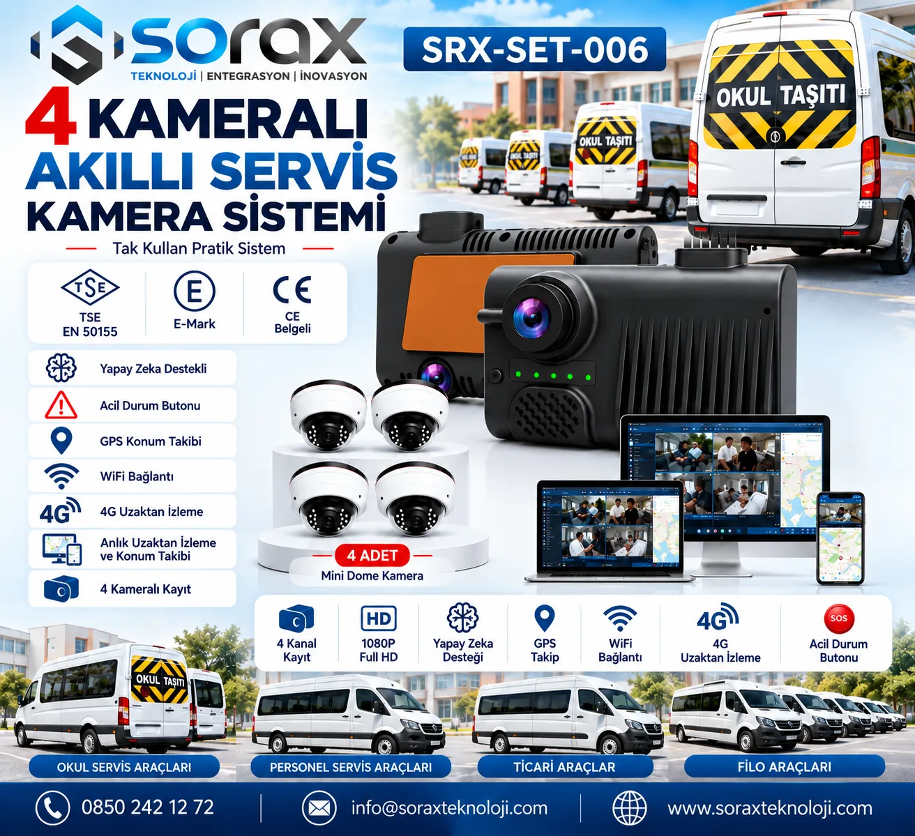 4 Kameralı Yapay Zekâ Destekli Servis Kamera Sistemi | Sorax