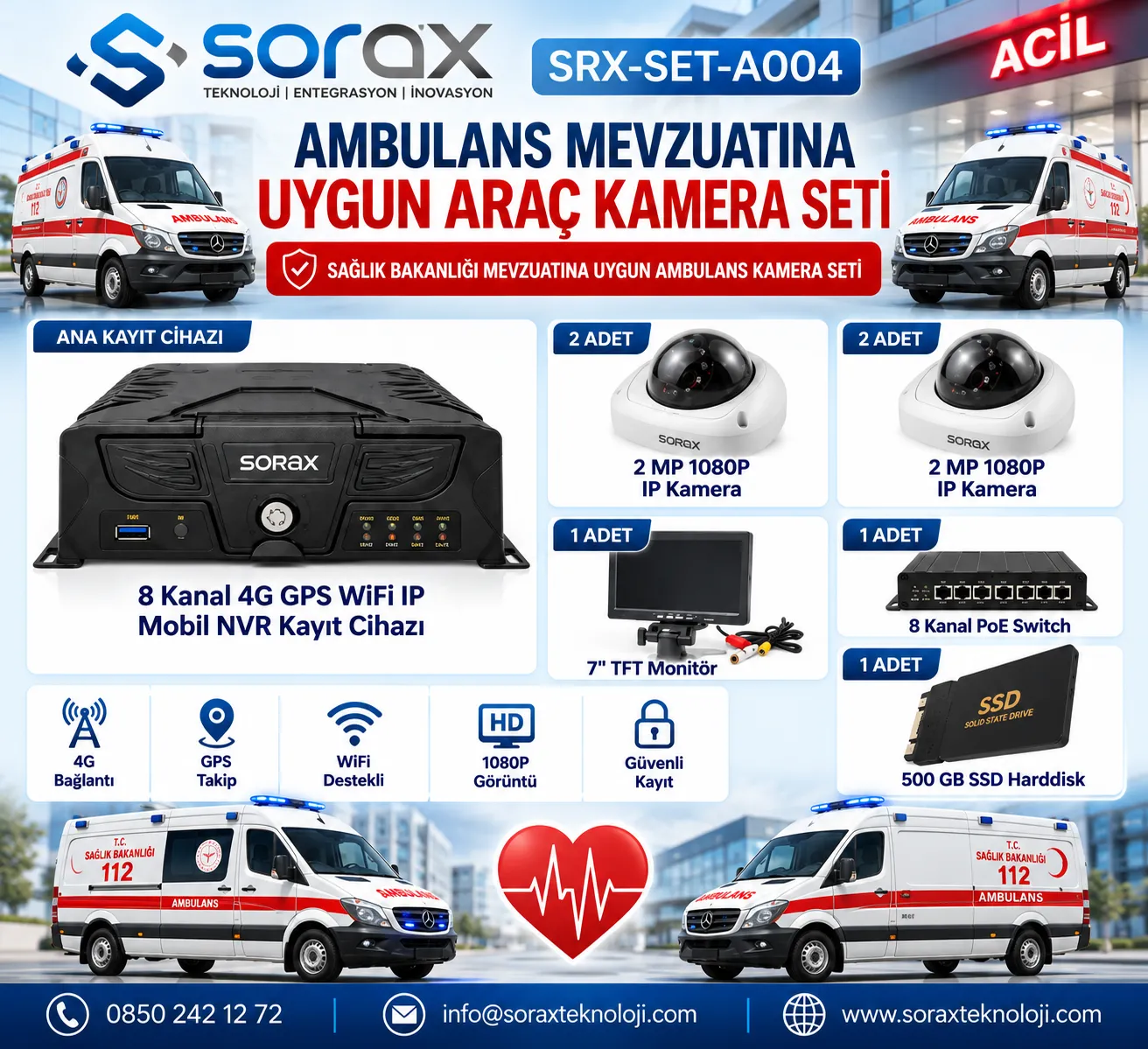 Sorax SRX-SET-A004 Ambulans Kamera Seti – 4G GPS Wi-Fi
