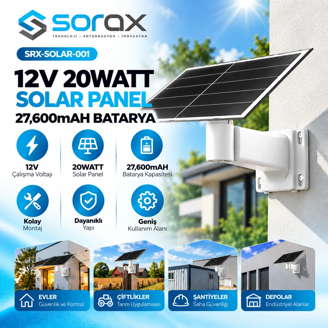 12V 20W Solar Panel 27.600mAh Batarya | SRX-SOLAR-001