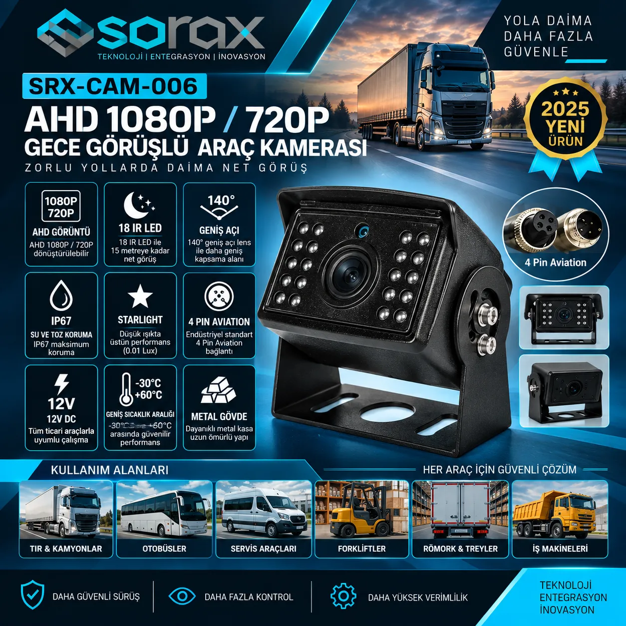 SRX-CAM-006 | AHD 1080P/720P Gece Görüşlü Araç Kamerası