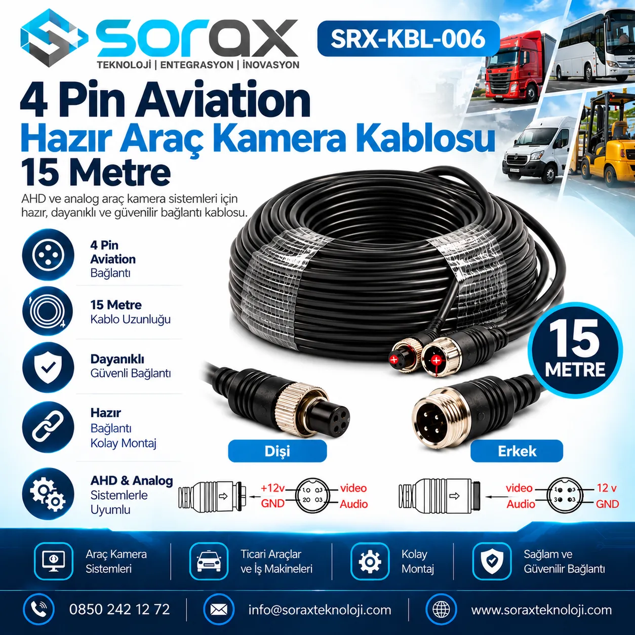 15 Metre 4 Pin Aviation Araç Kamera Kablosu | Sorax