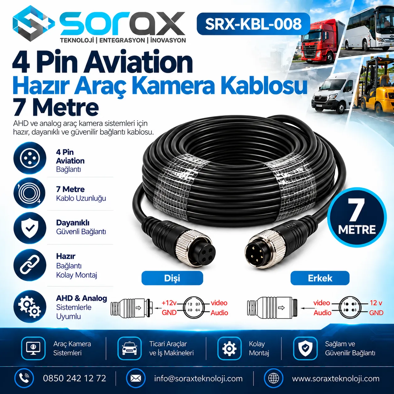 Sorax 7 Metre 4 Pin Aviation Hazır Araç Kamera Kablosu| Sorax