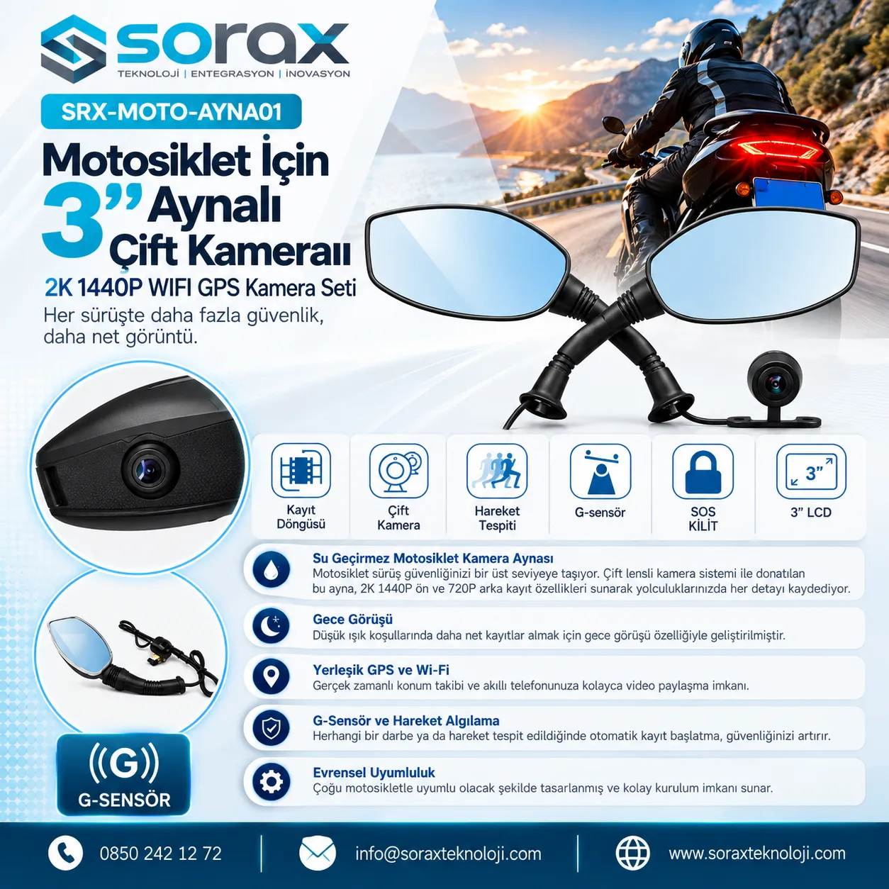 Sorax 3 İnç Aynalı Çift Kameralı 2K 1440P WiFi GPS Motosiklet Kamera Seti| Sorax - Görsel 2