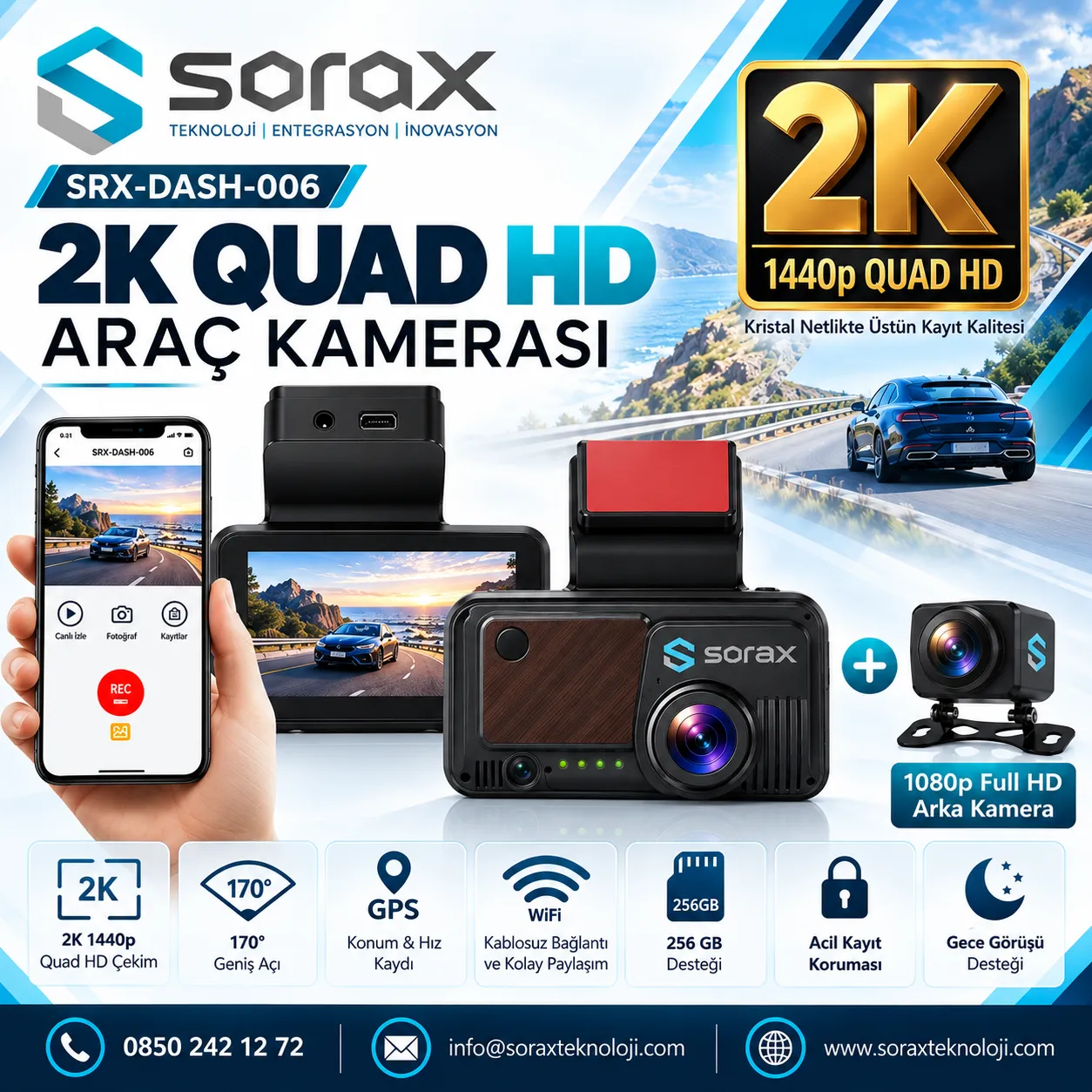 SRX-DASH-006 2K DashCam Araç Kamerası + 1080P Arka Kamera