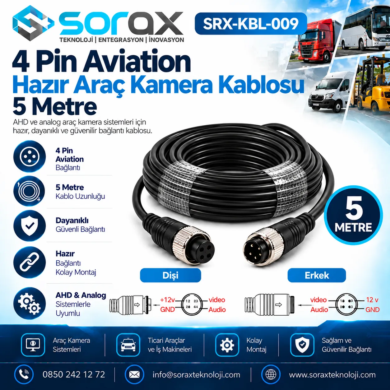 5 Metre 4 Pin Aviation Hazır Araç Kamera Kablosu | Sorax