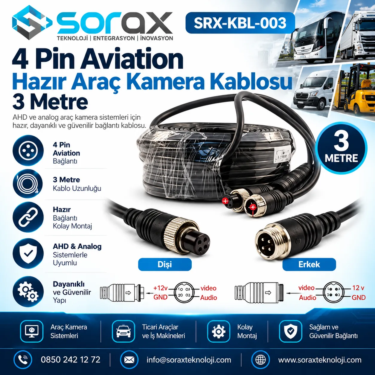 4 Pin Aviation Hazır Araç Kamera Kablosu 3 Metre | Sorax - Görsel 2