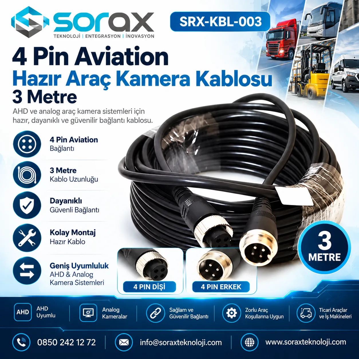 4 Pin Aviation Hazır Araç Kamera Kablosu 3 Metre | Sorax