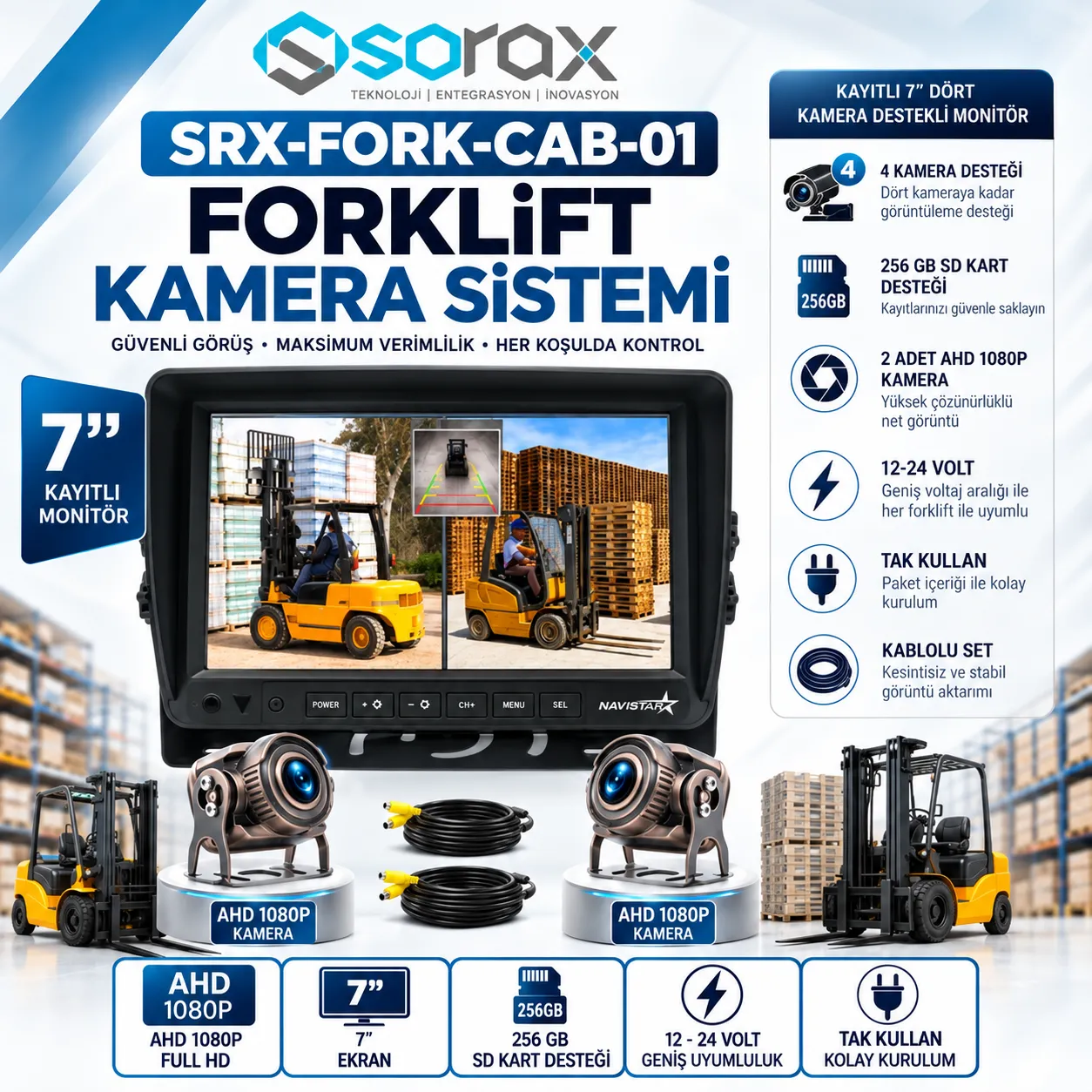 SRX-FORK-CAB-01 7 İnç Kayıtlı Forklift Kamera Sistemi – 2 Kameralı 1080P AHD