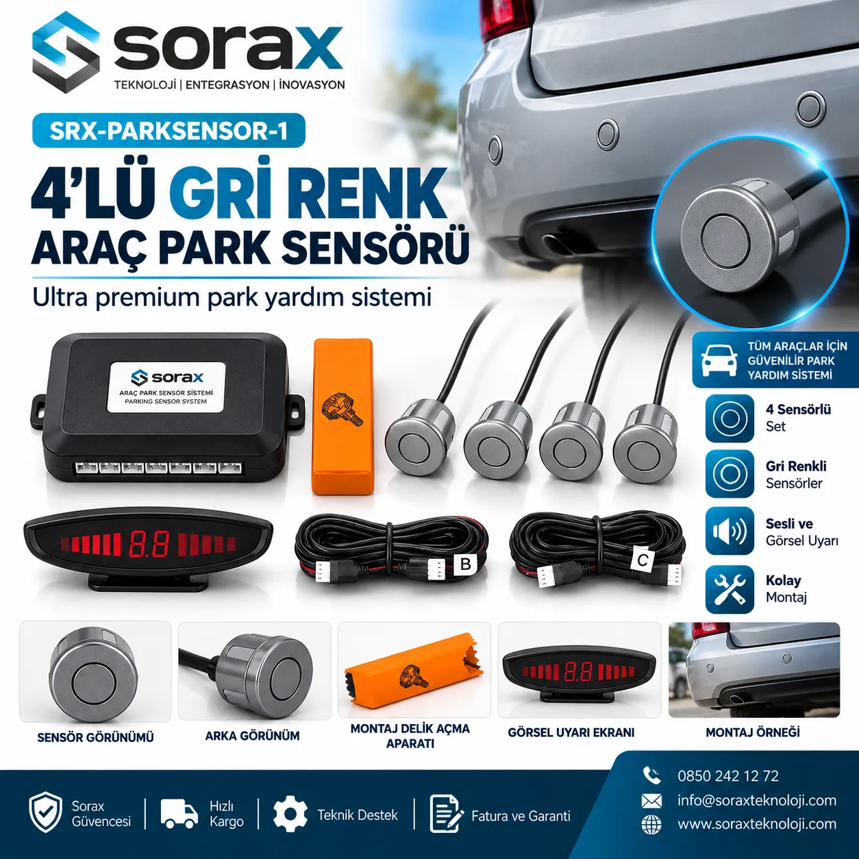 Sorax 4'lü Gri Renk Araç Park Sensörü – SRX-PARKSENSOR-1| Sorax
