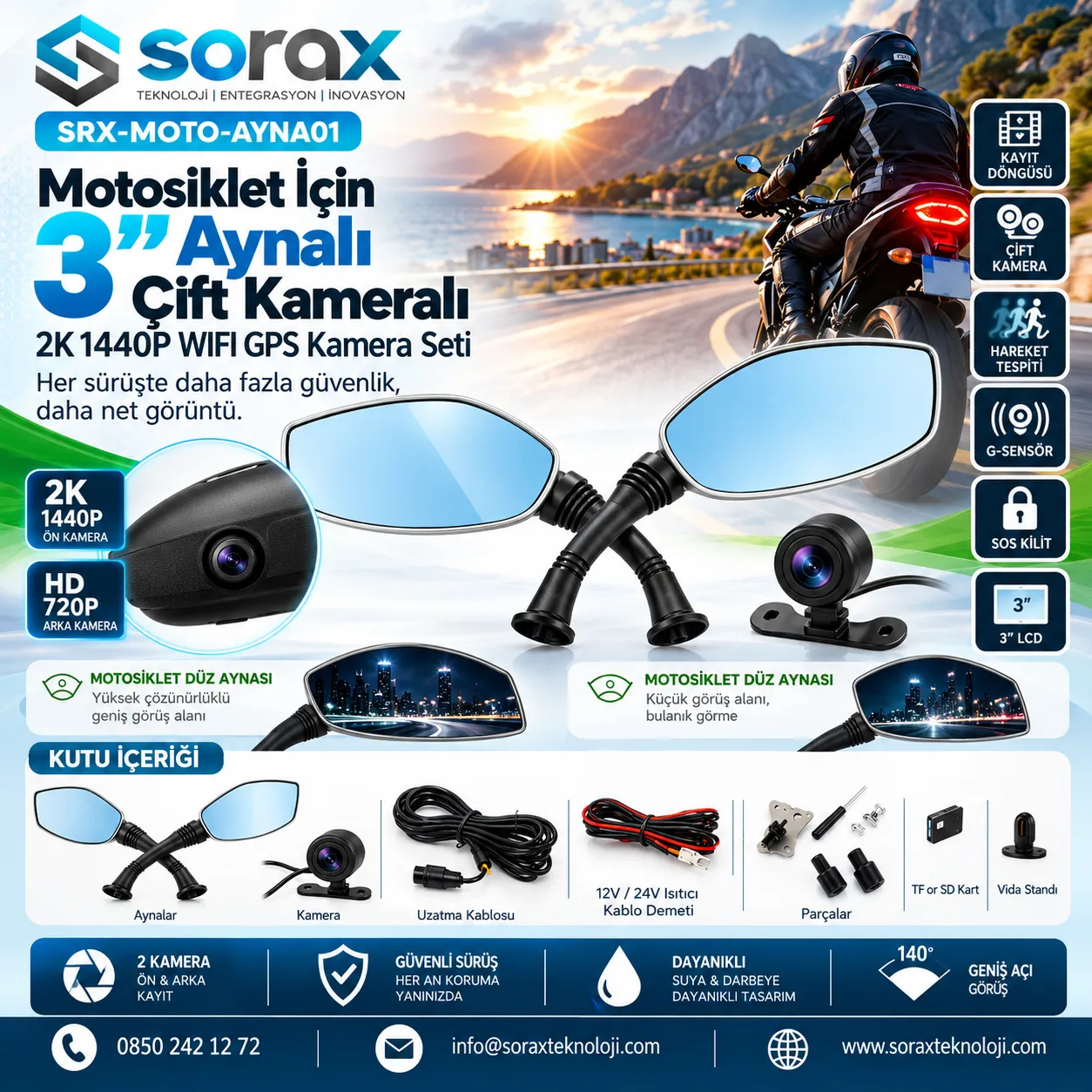 Sorax 3 İnç Aynalı Çift Kameralı 2K 1440P WiFi GPS Motosiklet Kamera Seti| Sorax - Görsel 3