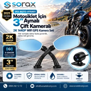 Sorax 3 İnç Aynalı Çift Kameralı 2K 1440P WiFi GPS Motosiklet Kamera Seti| Sorax